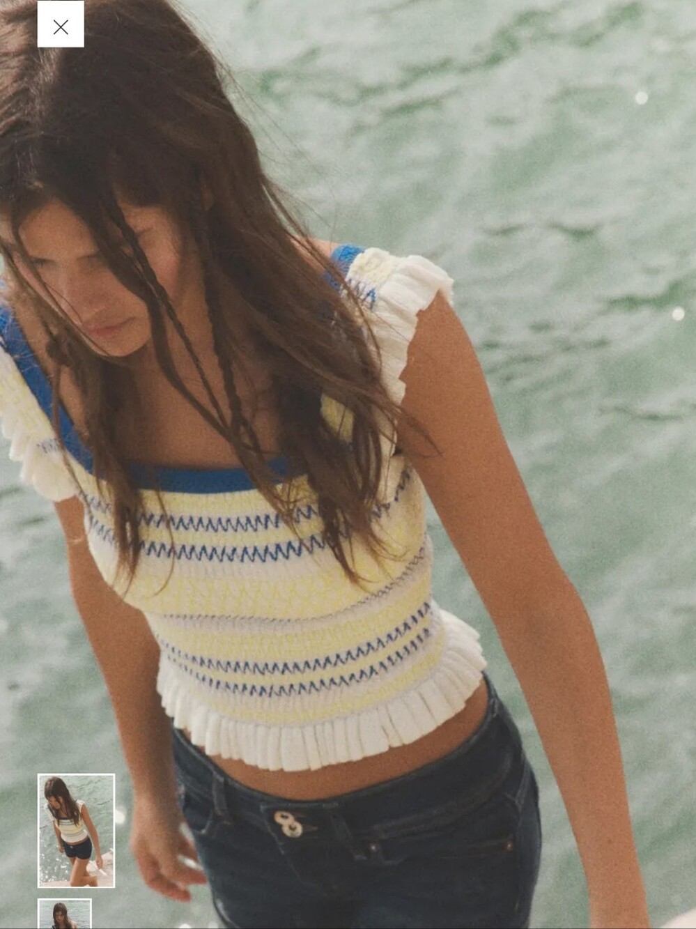 Blue and Cream Smocked Ruffle Tank Top - Women's Swim - Picture 2 of 11